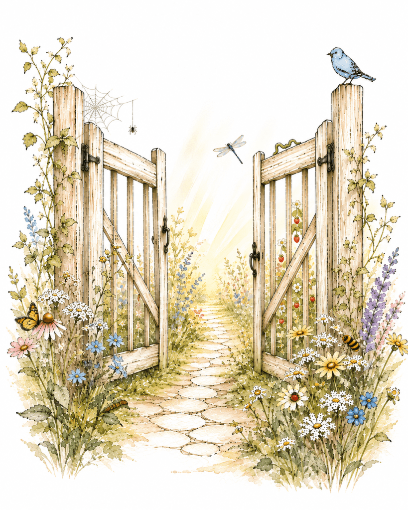 An open gate welcomes visitors into a living garden where ordinary life is received as communion with Real Jesus. The hidden creatures invite slow looking, reminding us that wonder often waits in quiet places. The path beyond the gate is intentionally sunlit, suggesting not arrival but an invitation to continue walking.