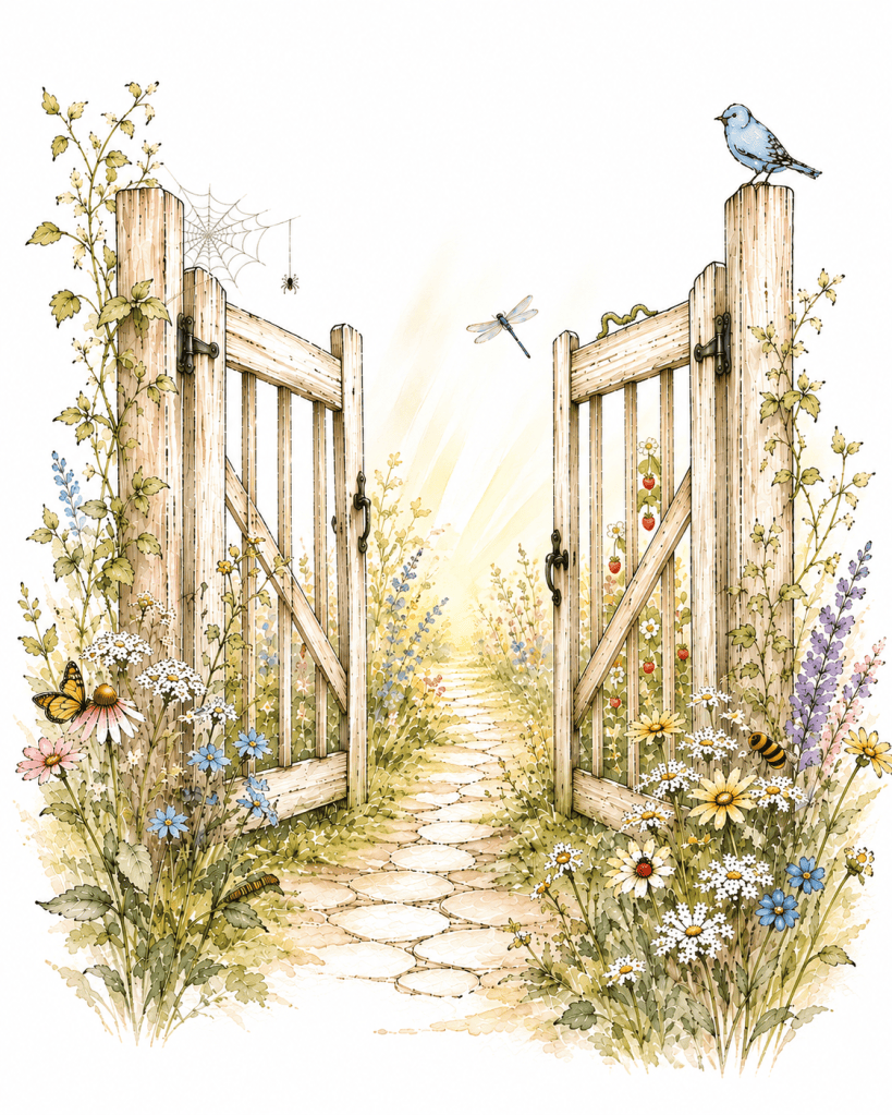A hand-drawn watercolor of an open wooden garden gate with sunlight streaming beyond. Wildflowers bloom around the gate, with small details including a bluebird, butterfly, bee, dragonfly, spider web, caterpillar, inchworm, ladybug, and tiny wild strawberries hidden among the foliage, symbolizing a garden growing from scorched ground.